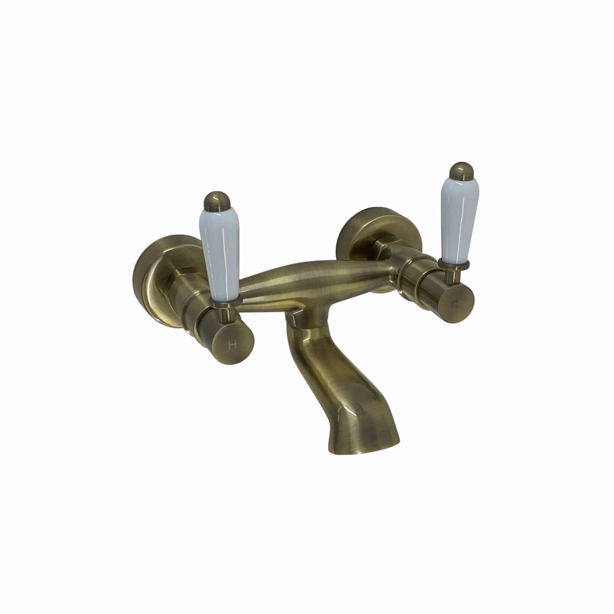 Buy Downton wall mounted bath mixer tap with white ceramic levers - antique brass Online UK | HOUSE OF ENKI